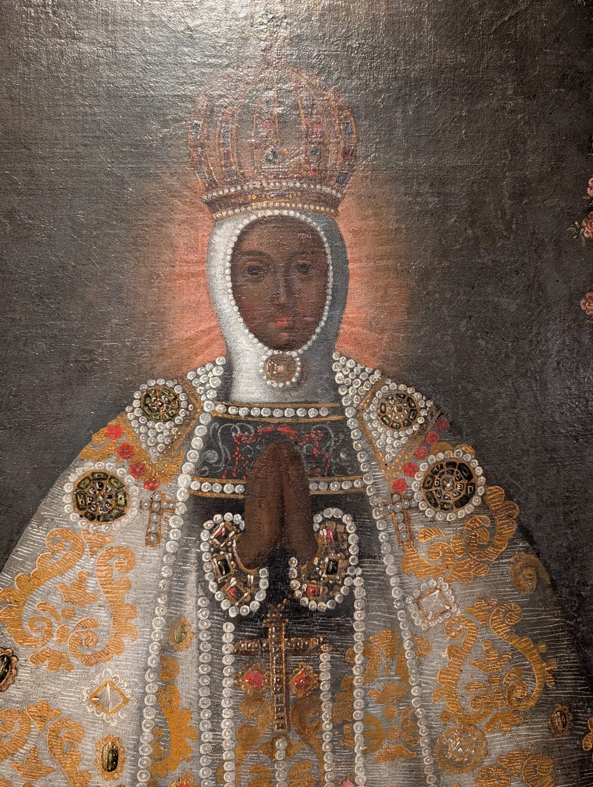 A colonial Virgin in pearls.