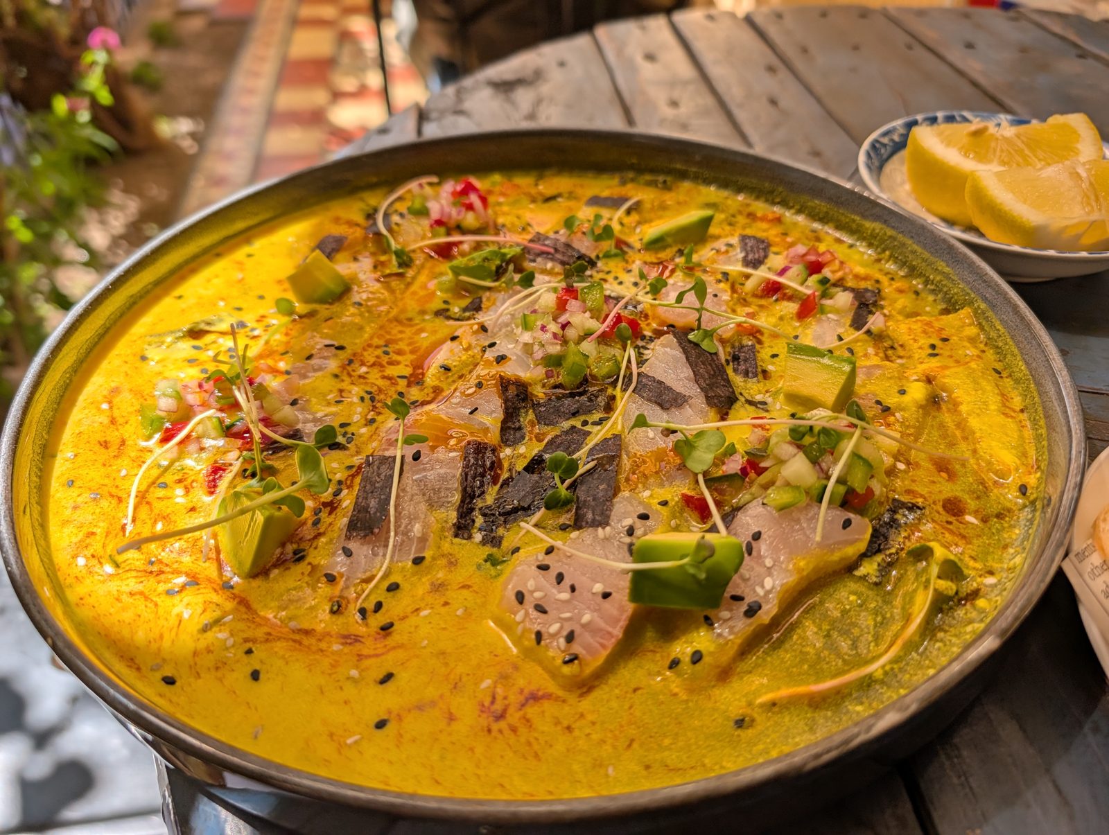 Lunch: a fish stew and a quinoa salad.