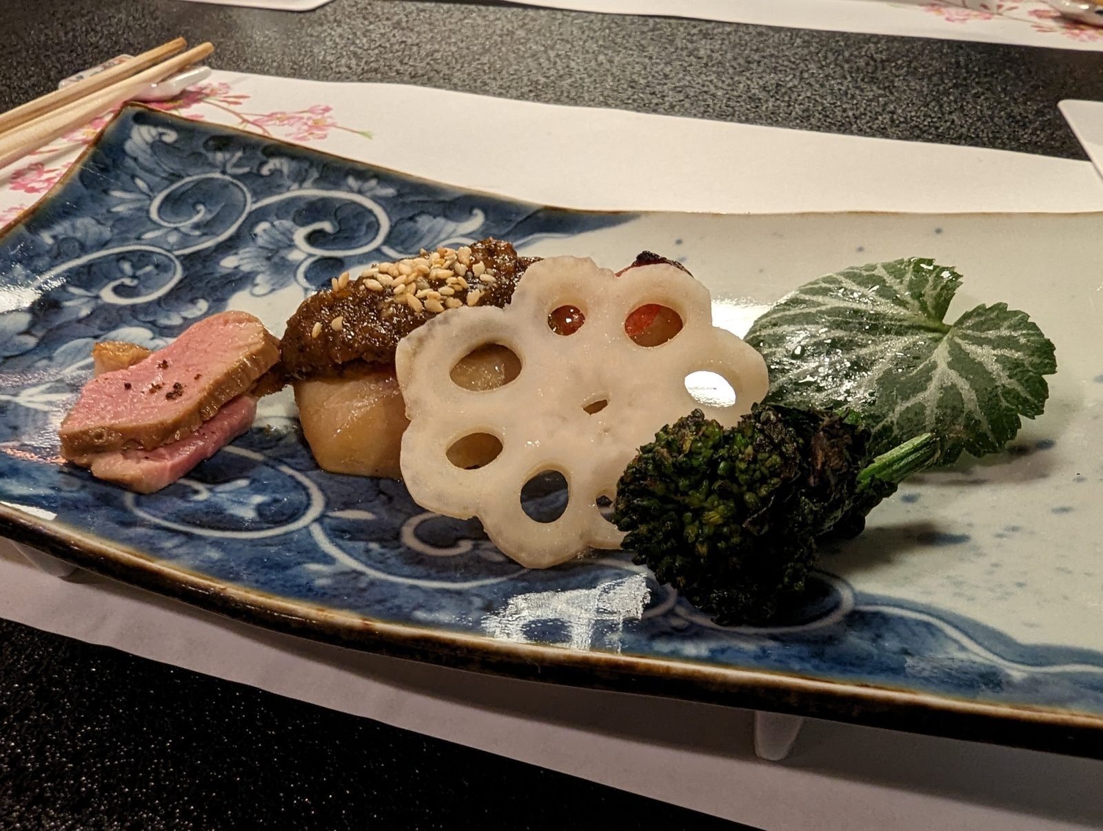 Duck, lotus root, and a leaf.